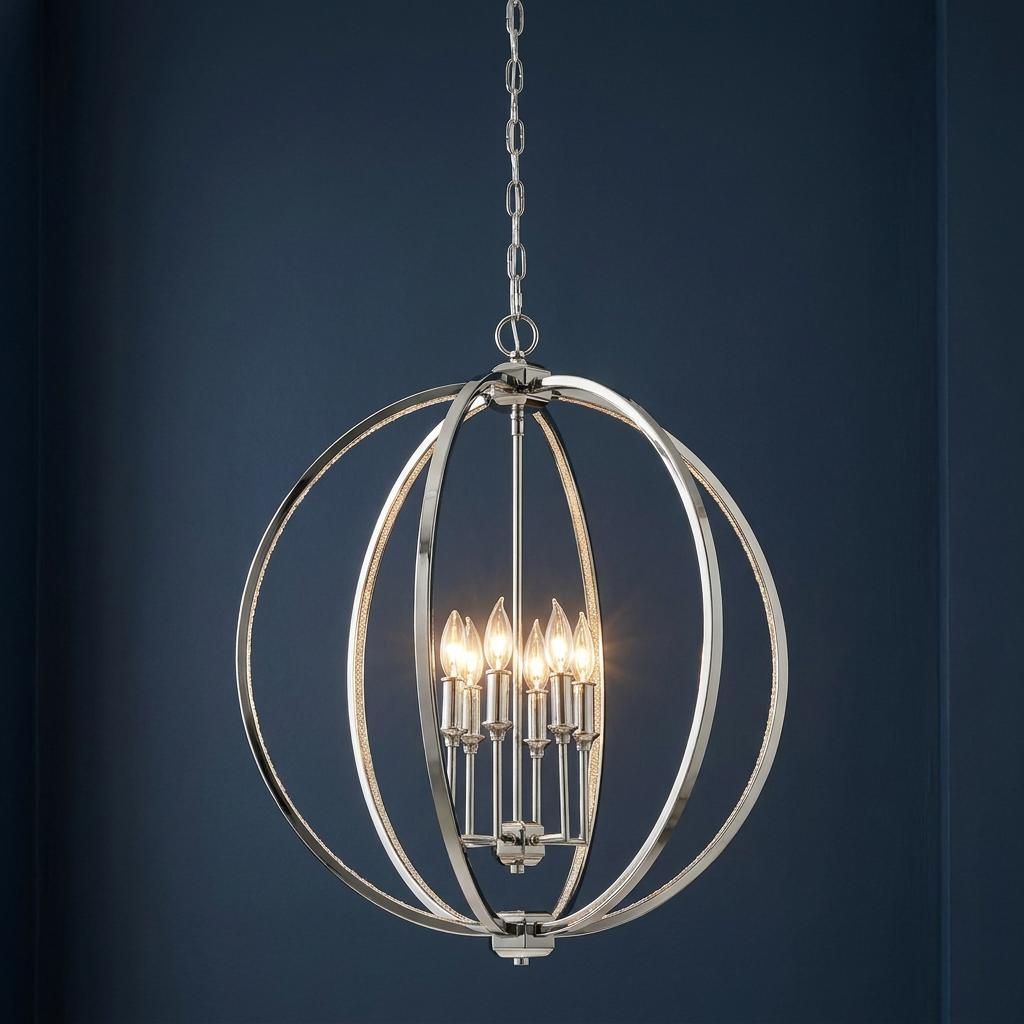 Polished nickel orb-style pendant light with six lit candle bulbs suspended against a navy blue backdrop.