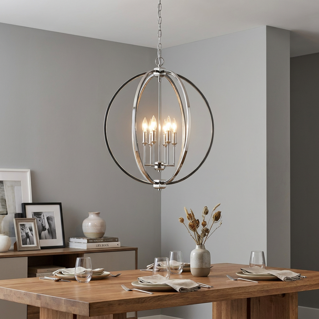 Polished nickel orb-style 6-light pendant hanging over a wooden dining table in a contemporary grey room.