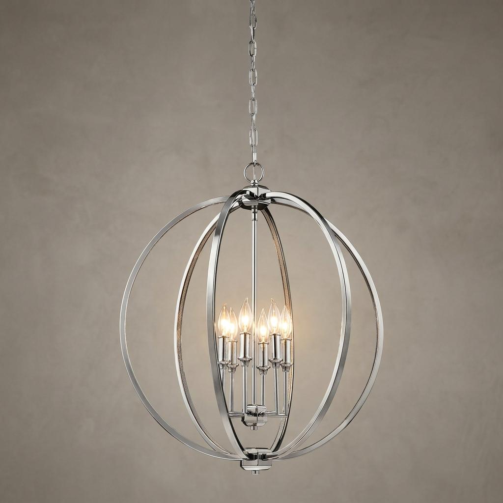 Polished nickel 6-light spherical pendant chandelier with an orb frame against a neutral background.