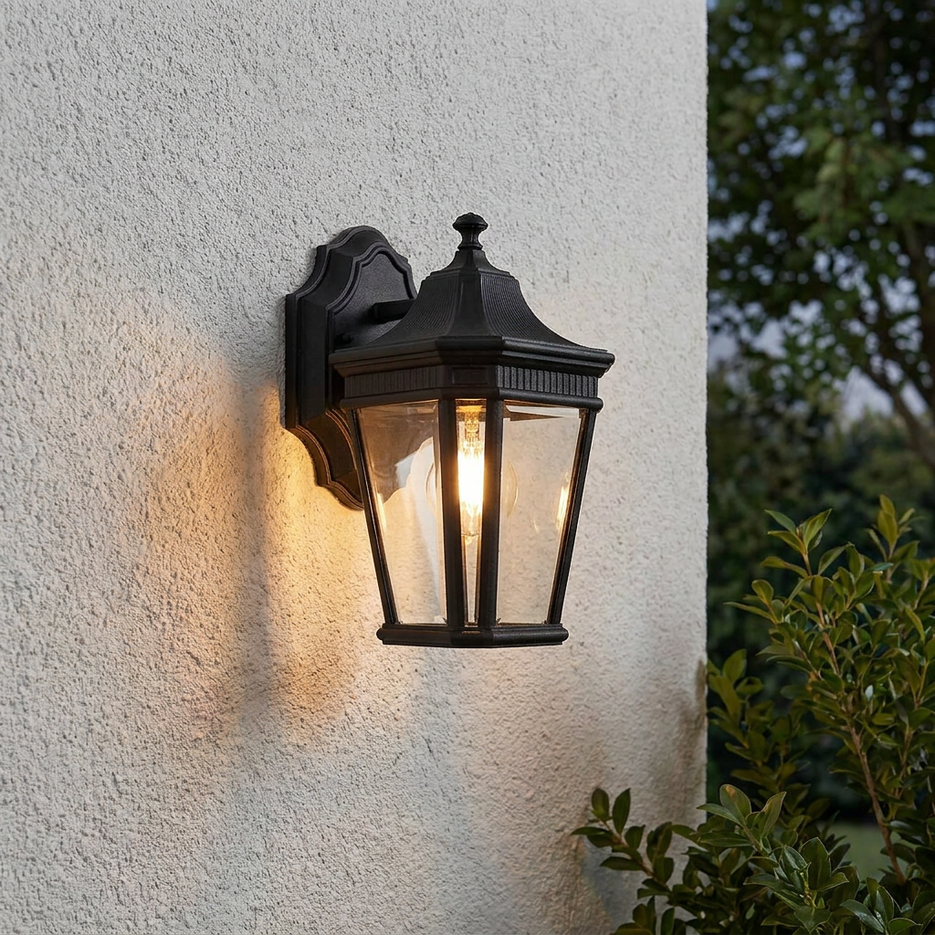 Traditional black lantern wall light glowing on a textured white exterior wall.
