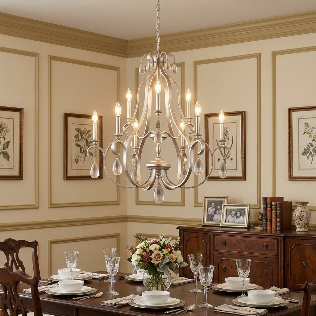 Feiss DeWitt 9-light chandelier in Sunrise Silver with teardrop crystals hanging in a formal dining room.