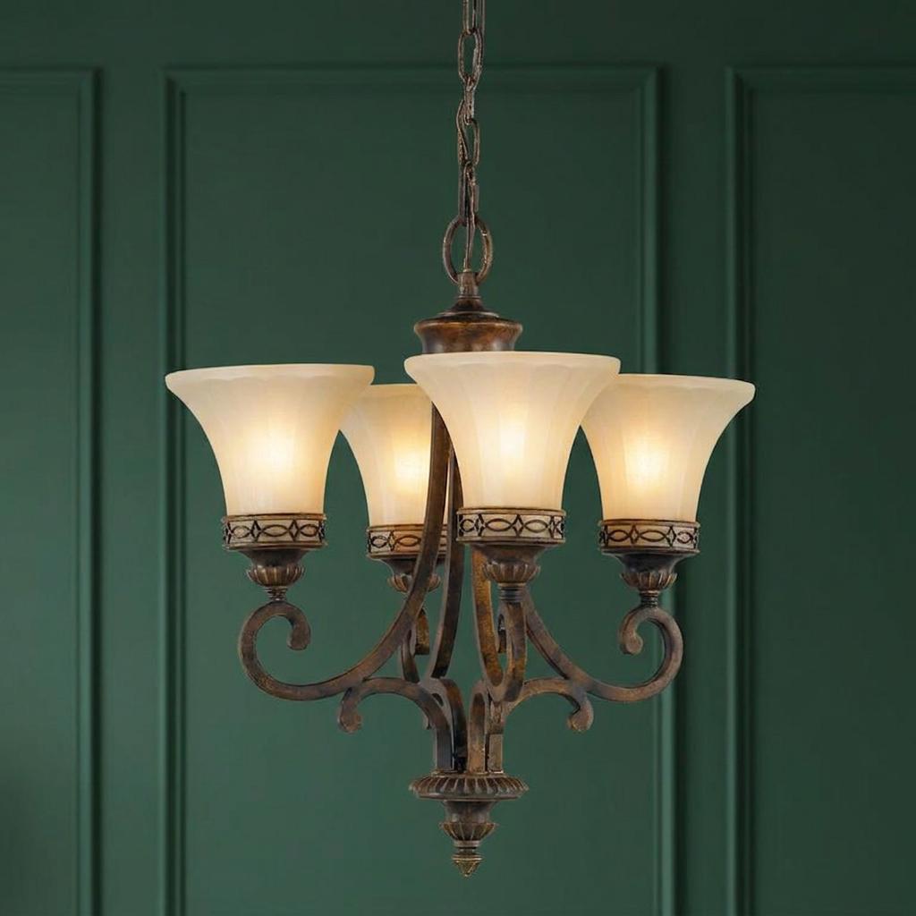 Feiss Drawing Room 4-light walnut chandelier with frosted fluted glass shades against a green paneled wall.