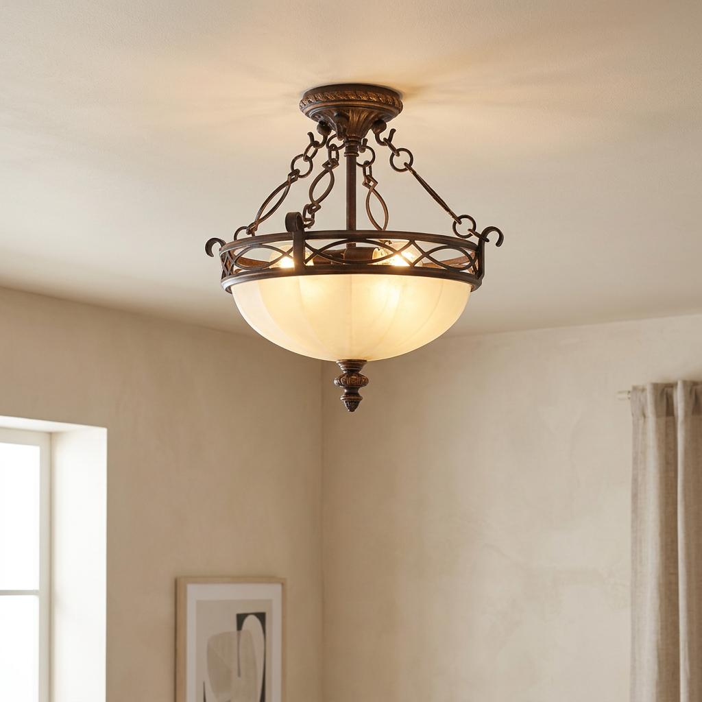 Feiss Drawing Room ceiling light with walnut chain frame and glowing cream glass bowl in a neutral room.