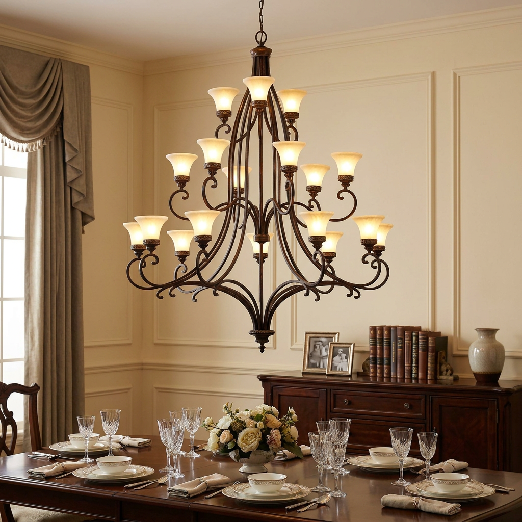 Large 18-light tiered chandelier in a walnut finish with cream shades hanging above a formal dining table.