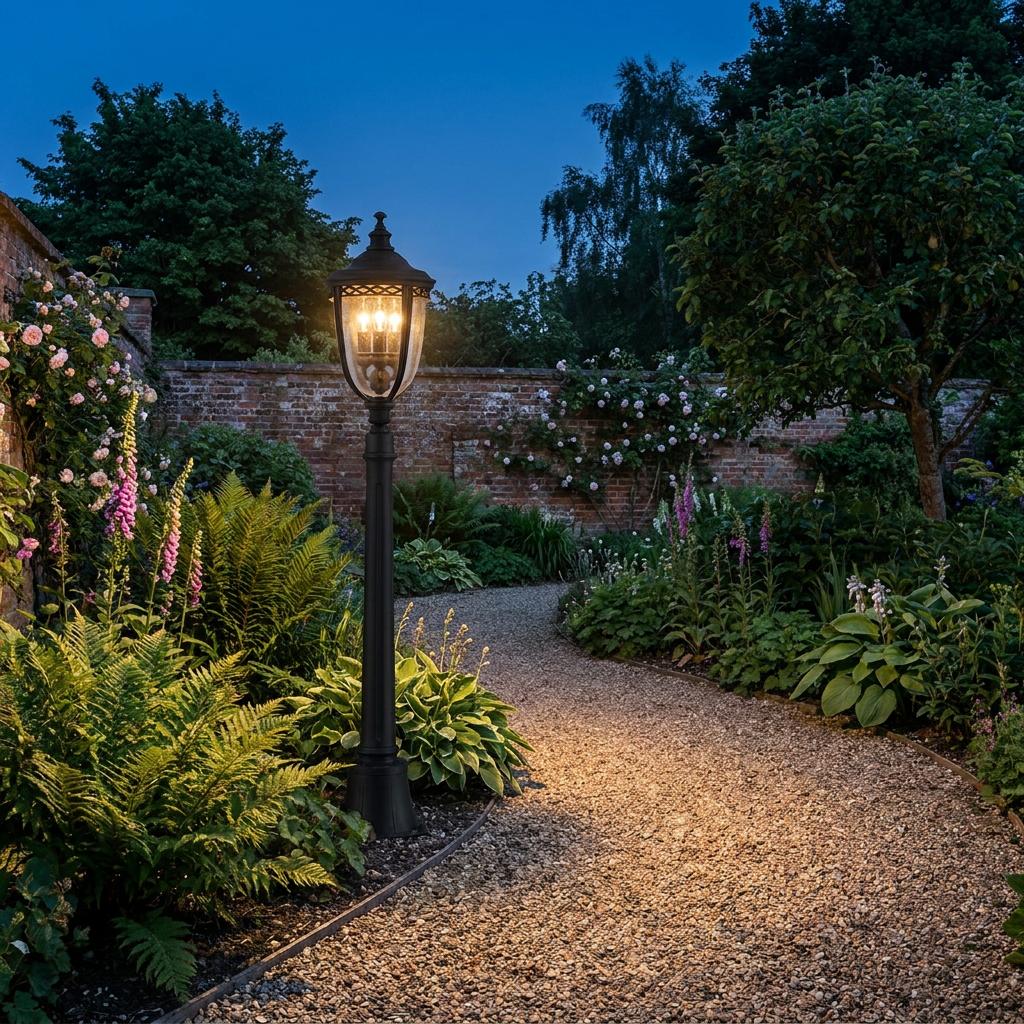 A black English Bridle outdoor bollard lantern illuminates a winding gravel garden path at dusk.