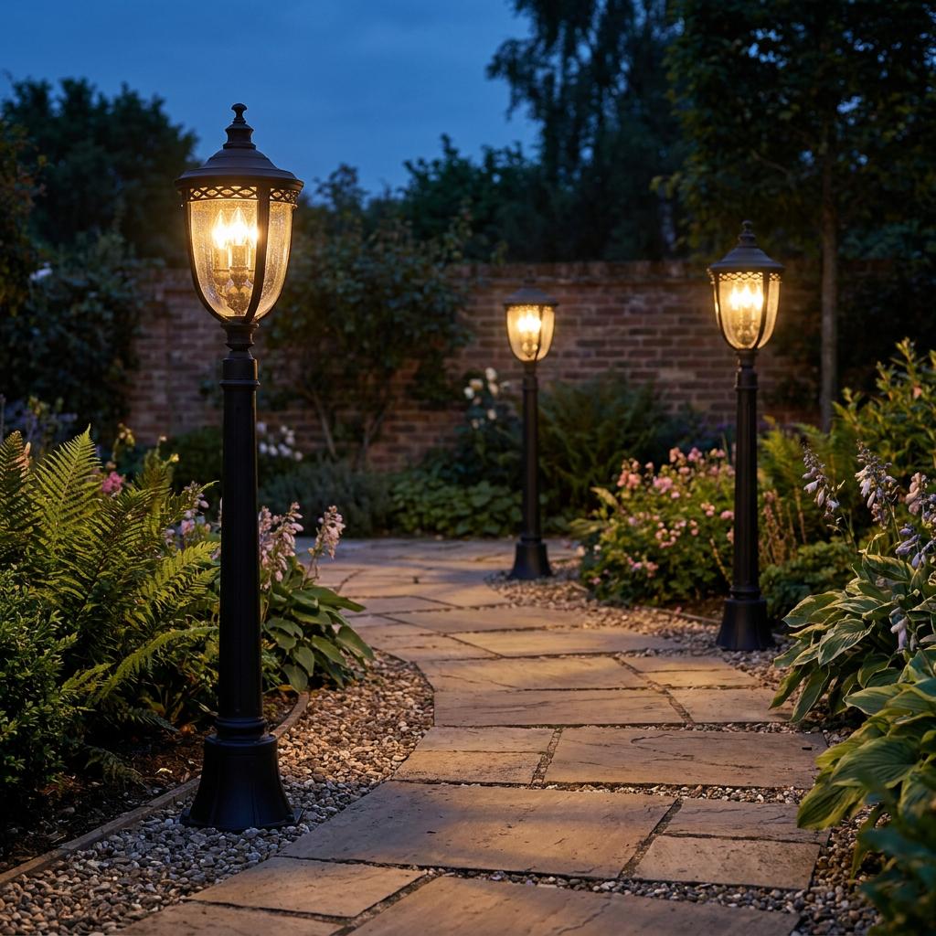 Three Feiss English Bridle black bollard lanterns lighting a stone garden path at twilight.