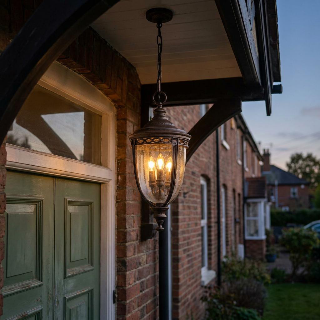 Feiss English Bridle bronze outdoor pendant light illuminating a brick porch with a green door at dusk.
