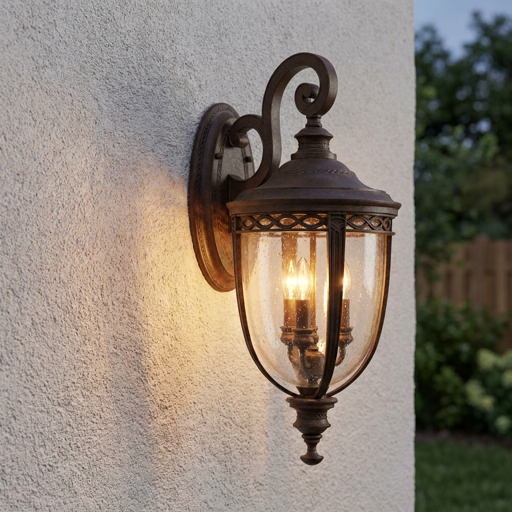 Traditional bronze outdoor wall lantern with seeded glass and glowing bulbs, mounted on a textured white exterior wall.