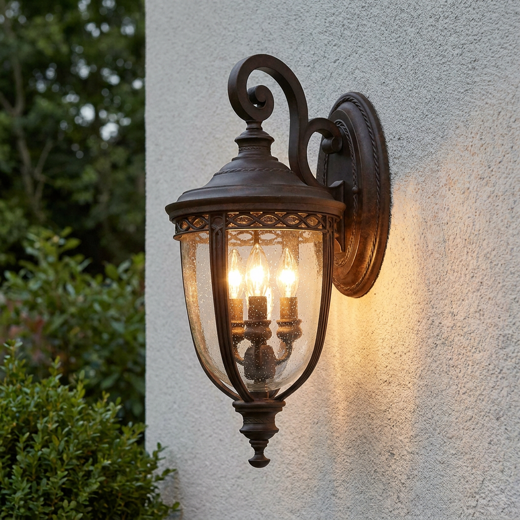Traditional bronze outdoor lantern with seeded glass and lit bulbs mounted on a white textured wall.