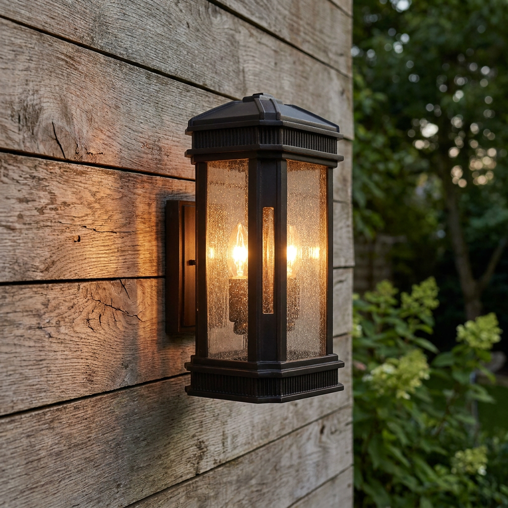 Lit bronze outdoor lantern with seeded glass panels mounted on a rustic wooden wall with garden background.