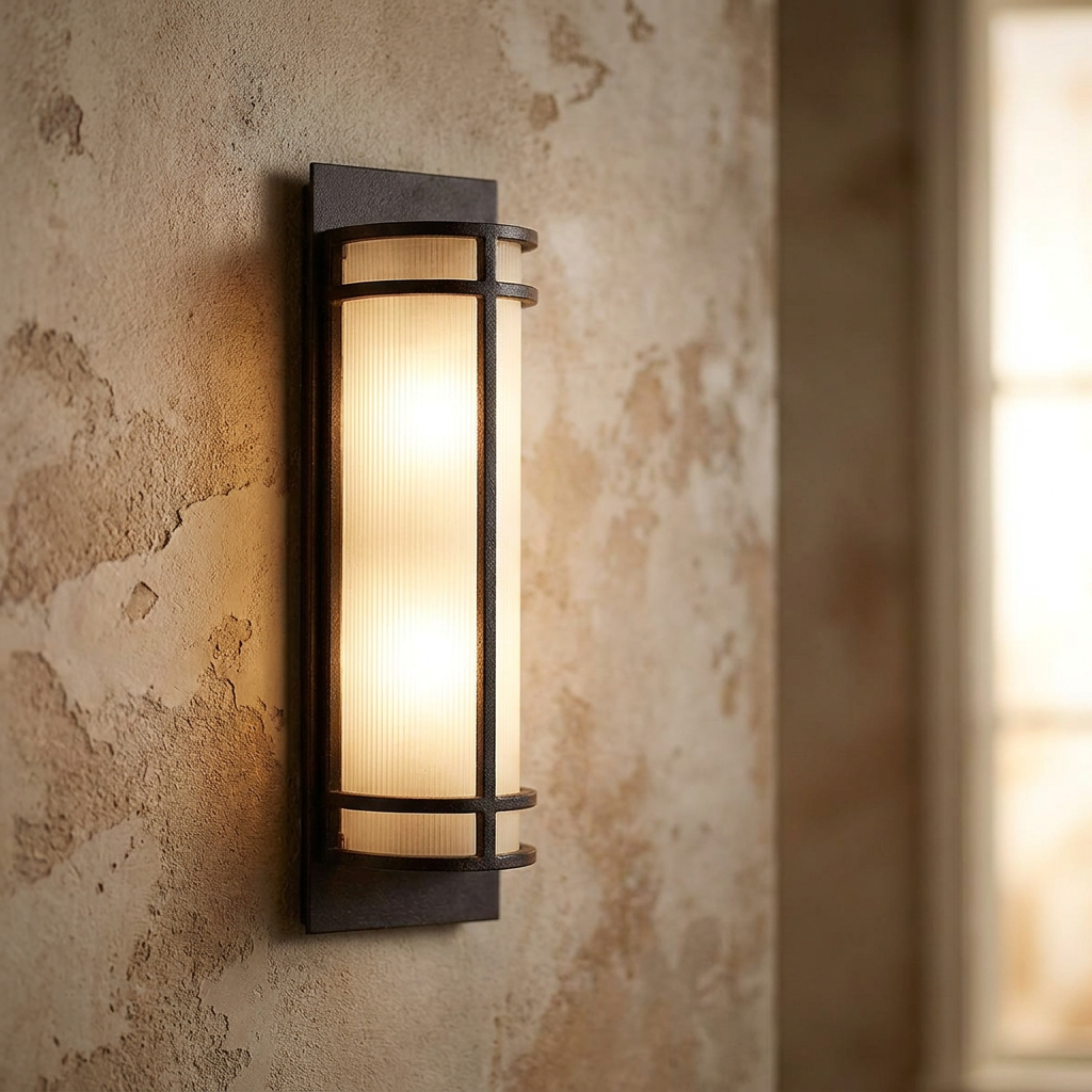 Feiss Fusion 2 Light Grecian Bronze wall light with vertical textured glass on a rustic stone wall.
