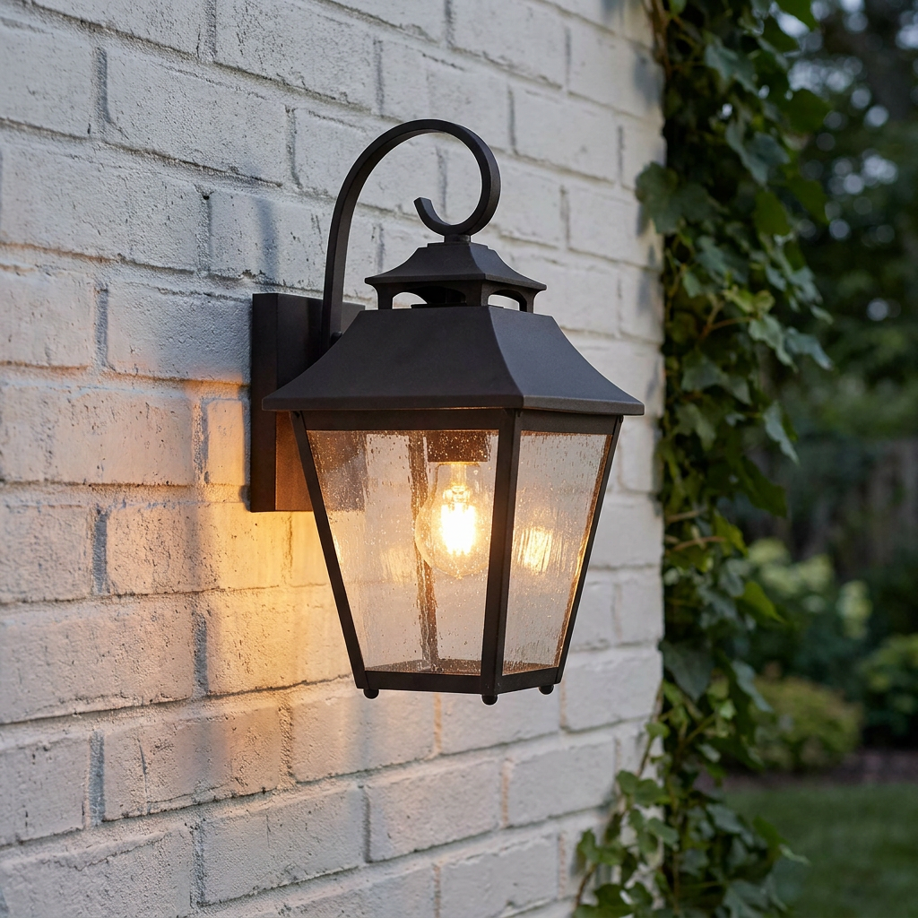 Feiss Galena 1 light medium outdoor wall lantern with seeded glass panes mounted on a white brick wall.
