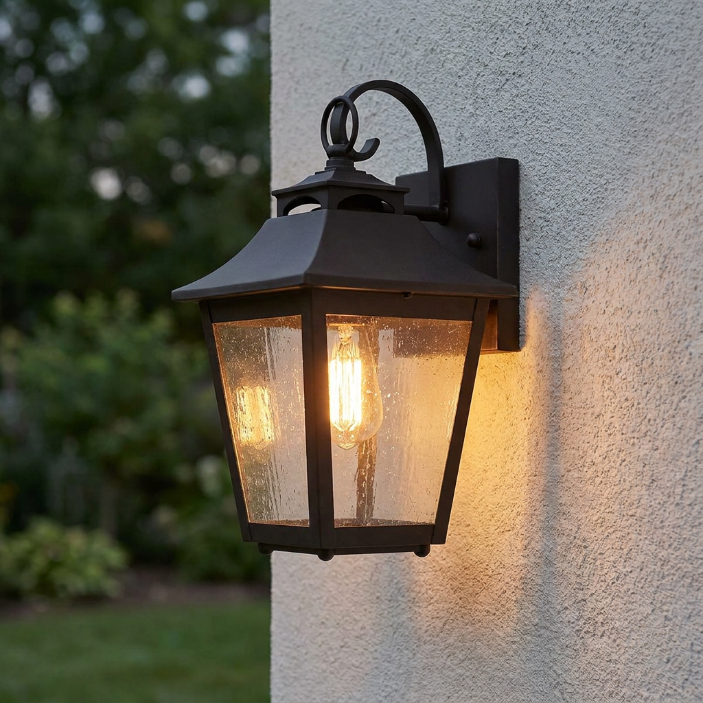Feiss Galena dark bronze outdoor wall lantern with seeded glass, glowing on a light-colored stucco wall.