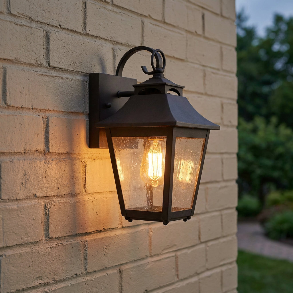 Traditional lantern-style wall light with seeded glass and glowing bulb mounted on a tan brick wall.