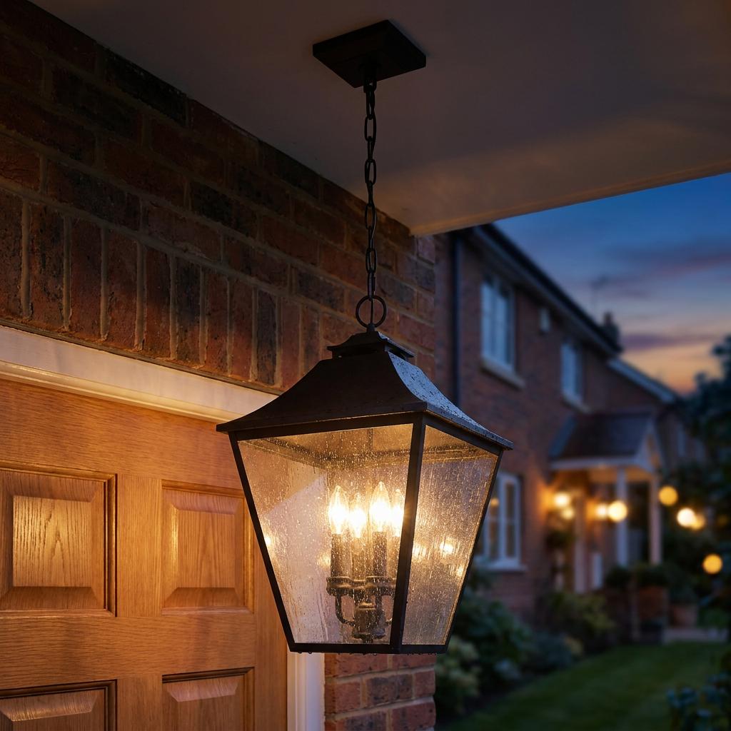 Lit Feiss Galena 4-light outdoor chain lantern with seeded glass hanging from a porch ceiling at dusk.