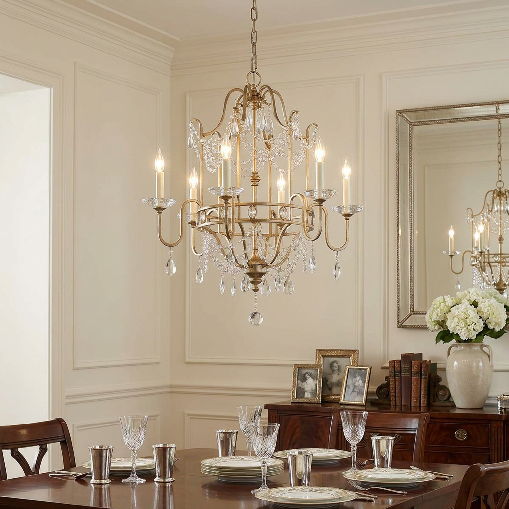 Ornate gilded silver 6-light chandelier with crystal accents hanging above a set dining table in a formal room.