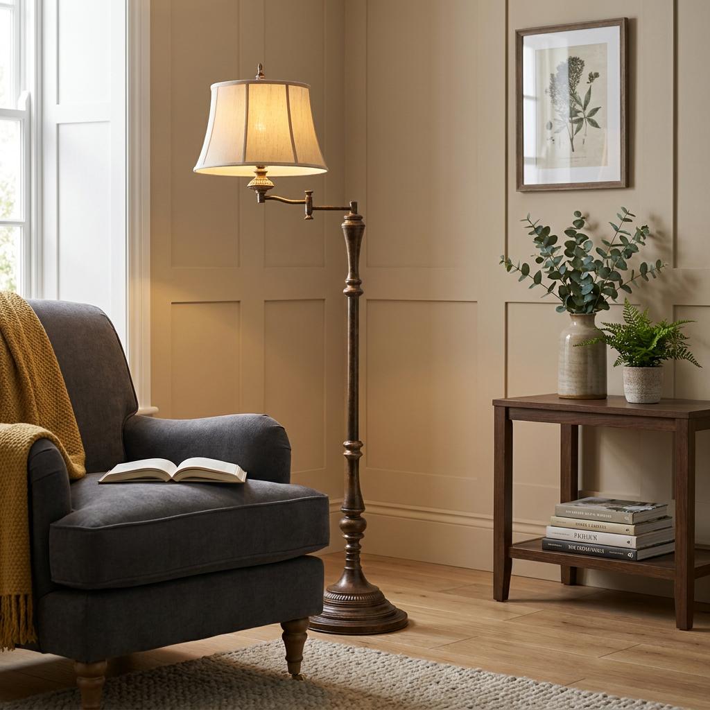 Feiss Gibson swing-arm floor lamp with a crackle finish and cream shade in a cozy living room nook.