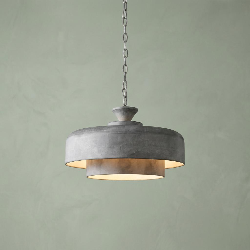 A galvanized steel two-tier pendant light hanging from a chain against a pale green textured wall.