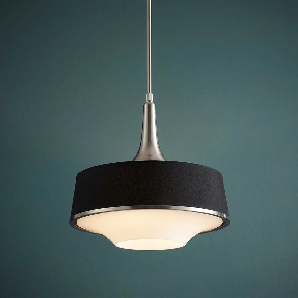 Modern 4-light pendant with a black fabric shade and brushed nickel finish, set against a teal background.