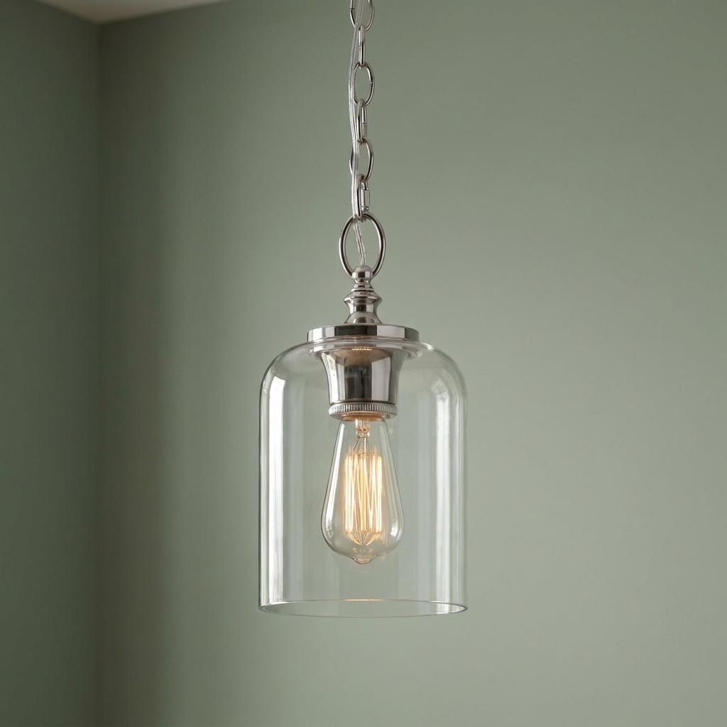 Polished nickel mini pendant light with a clear glass bell shade and Edison bulb against a pale green wall.