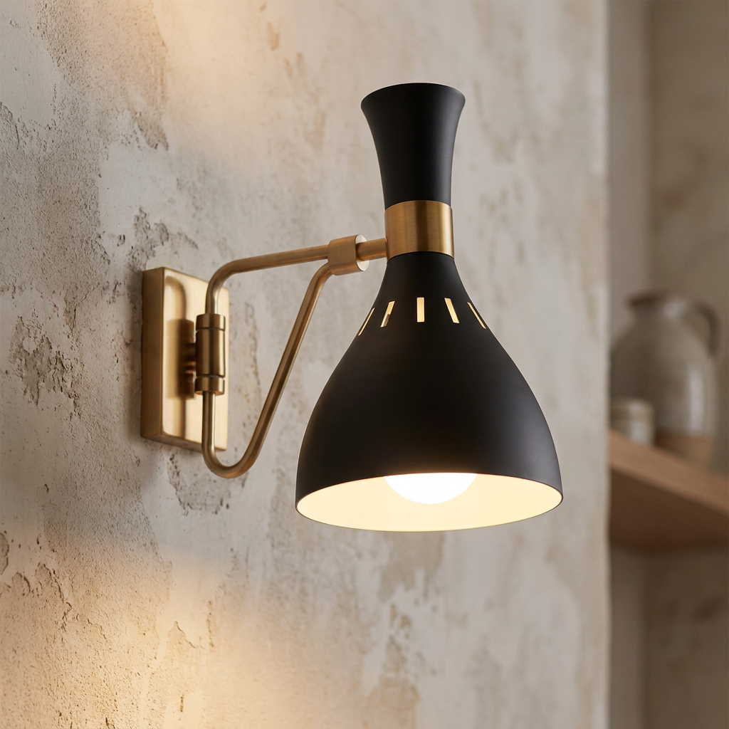 Feiss Joan matte black and brass wall sconce with hourglass shade mounted on a textured plaster wall.