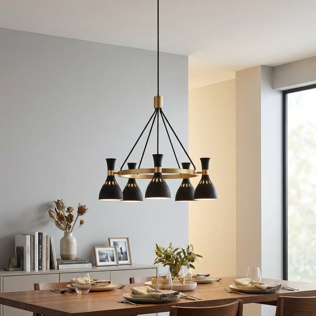 A mid-century modern black and brass five-light chandelier hanging over a wooden dining table.