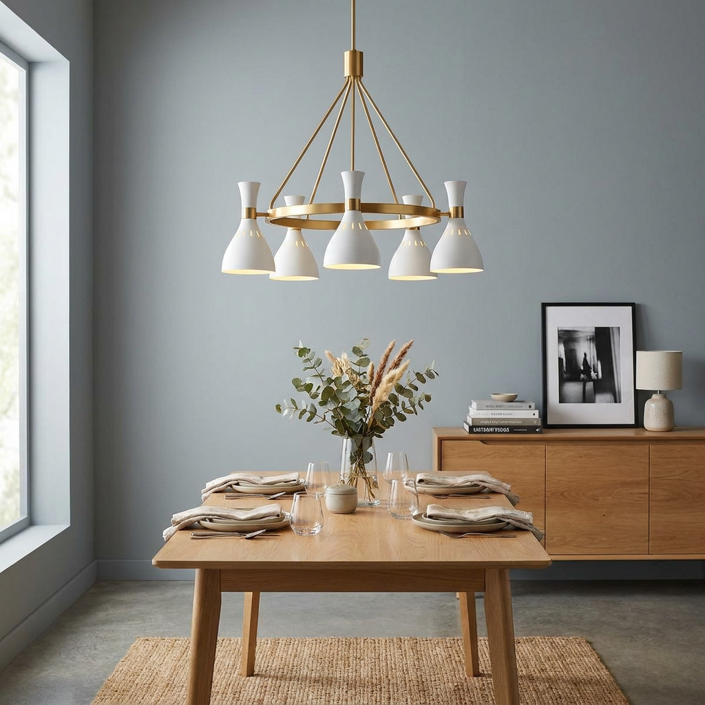 A matte white and brass Joan 5-light chandelier hanging over a wooden dining table in a contemporary dining room.