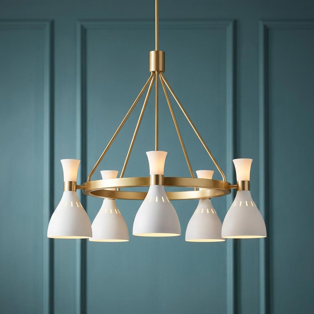Mid-century modern 5-light chandelier with matte white shades and brass frame against a blue paneled wall.