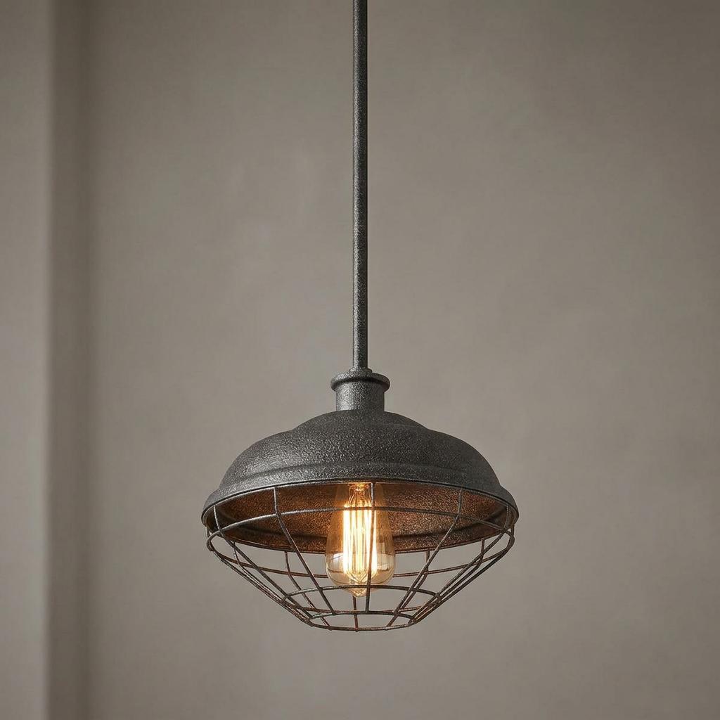 Industrial slated grey pendant light with a textured metal dome and wire cage shade featuring an Edison bulb.