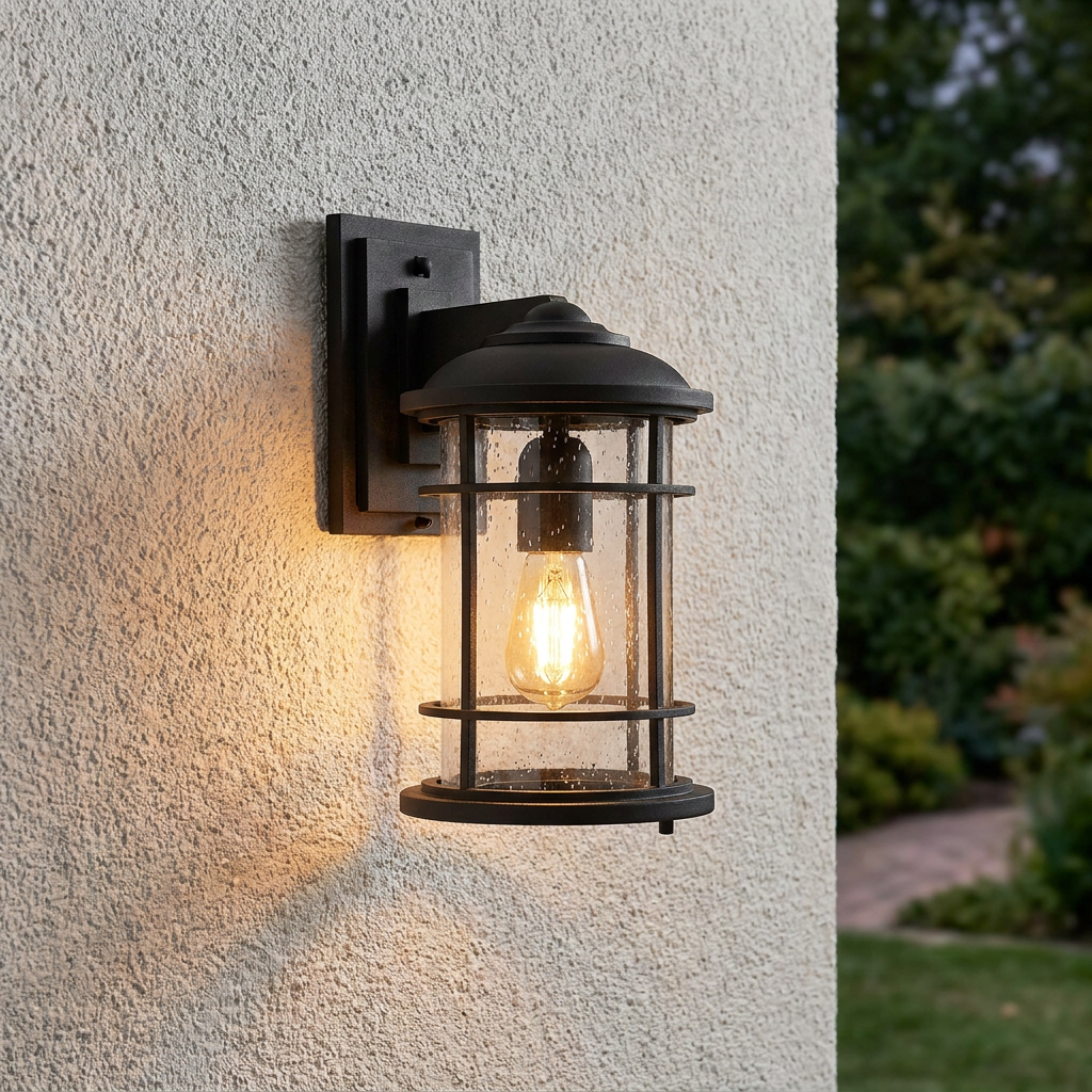 Black nautical-style outdoor wall lantern with seeded glass and a warm glowing bulb on a white textured wall.
