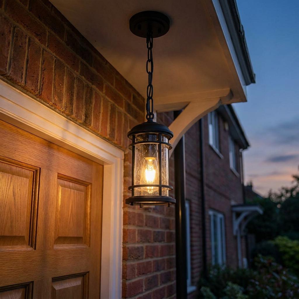 A black outdoor chain lantern with seeded glass illuminates a brick house entrance at dusk.