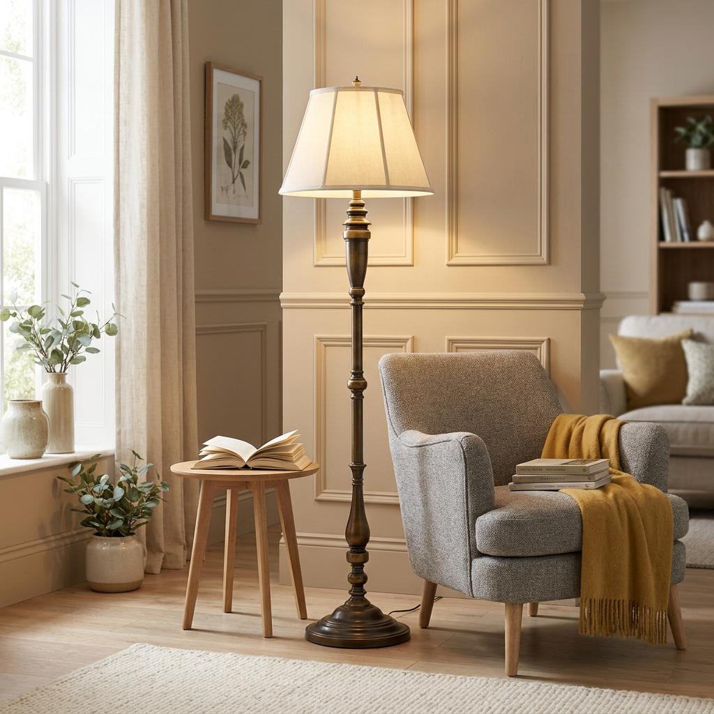 Bronze floor lamp with a cream shade standing next to a grey armchair in a cozy living room with warm lighting.