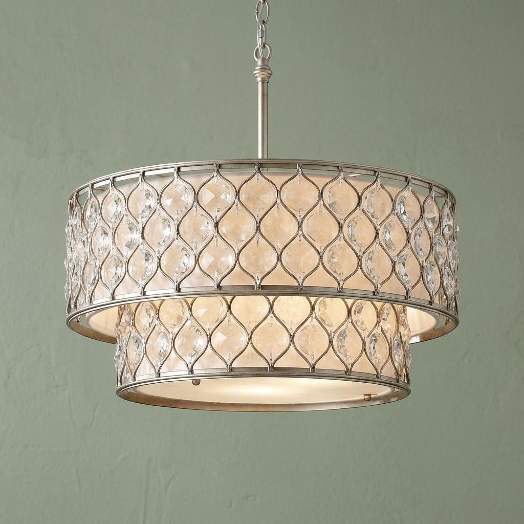 Feiss Lucia two-tier pendant chandelier with a silver lattice design and crystals over an inner linen shade.