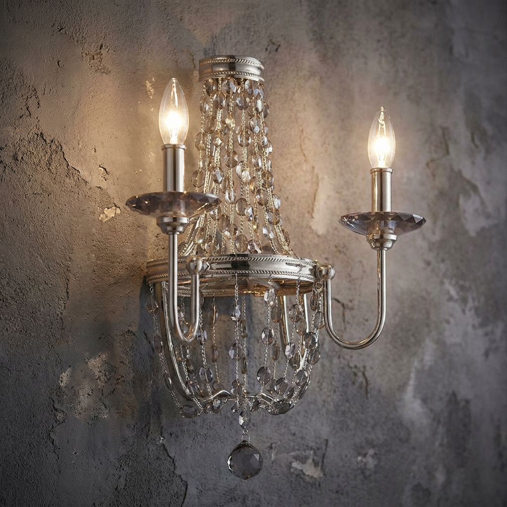 A polished nickel 2-light wall sconce with smoke crystal beads, mounted on a rustic grey textured wall.
