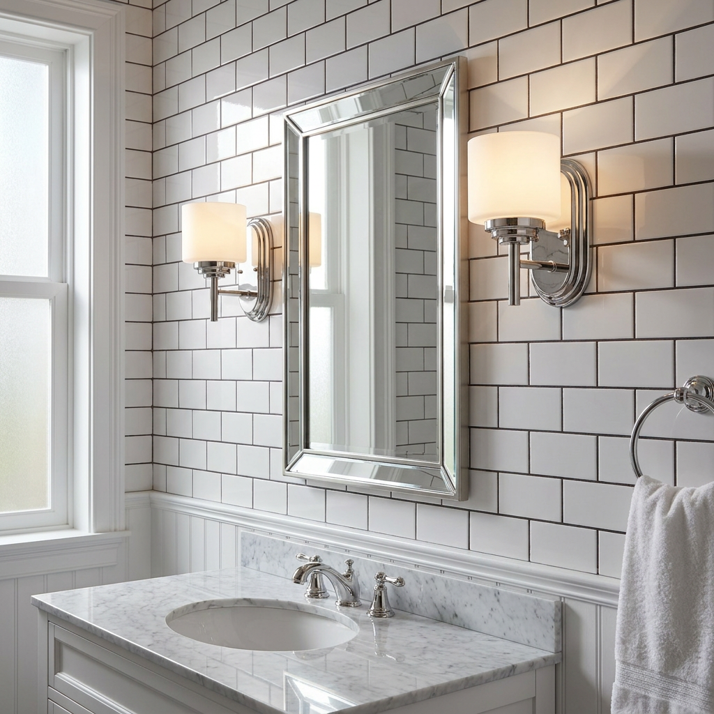 Two Feiss Malibu polished chrome wall lights with opal glass shades flank a mirror on a white subway tile wall.