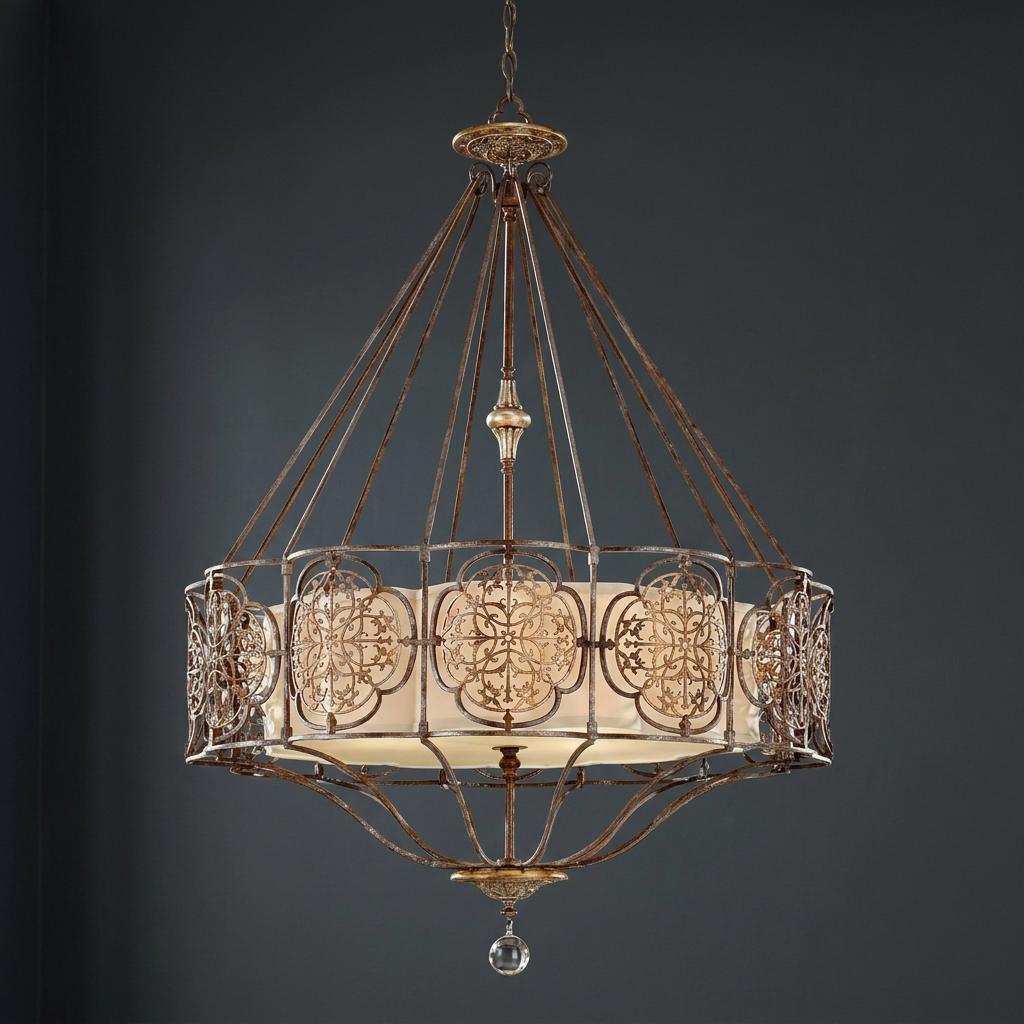 Ornate four-light chandelier with a bronze filigree frame and a cream fabric shade against a dark background.