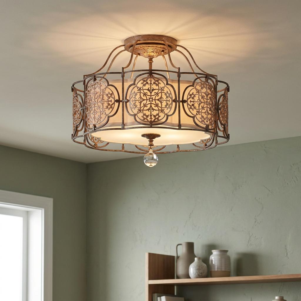 Feiss Marcella semi-flush ceiling light featuring a British bronze filigree cage over a cream fabric shade.