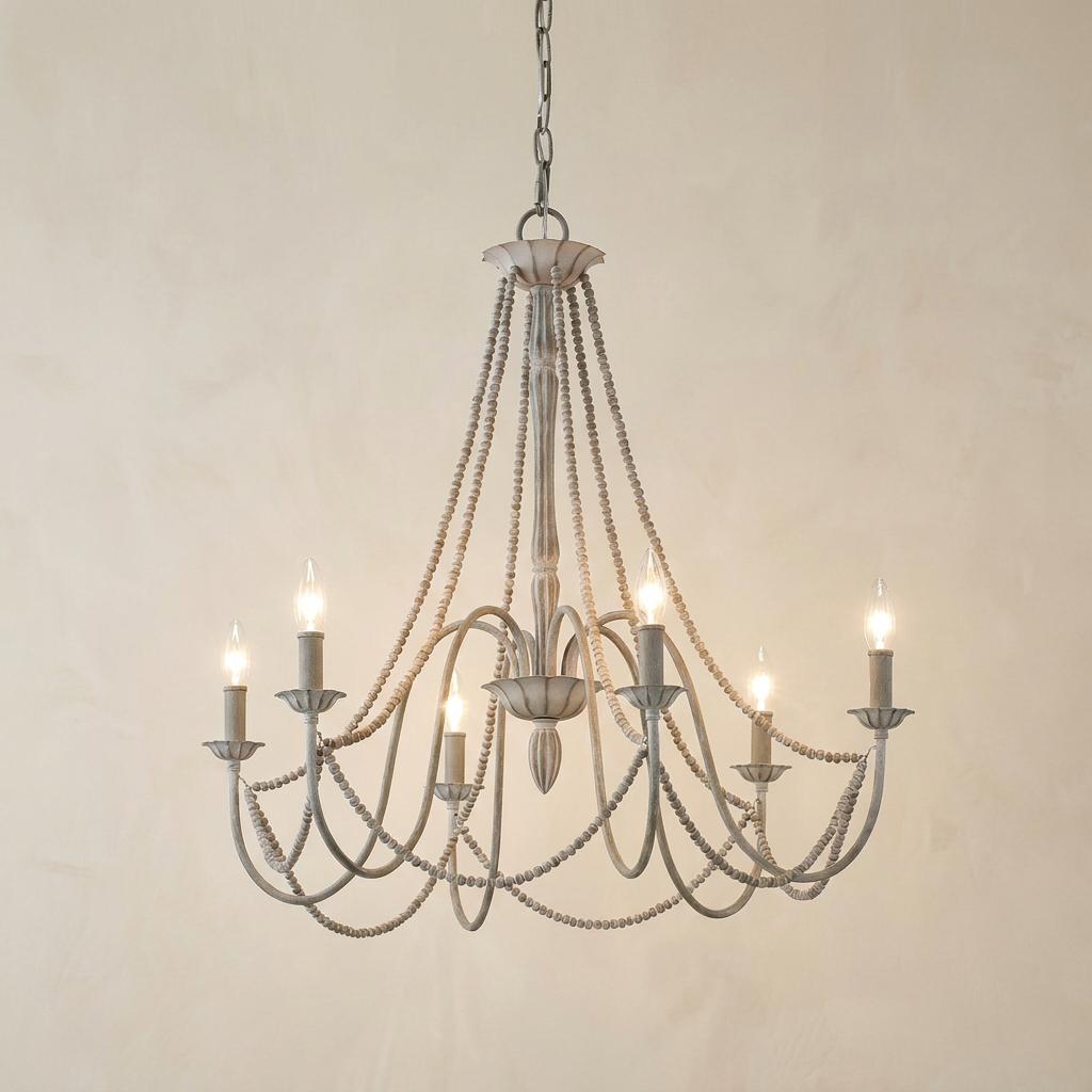 Feiss Maryville 6-light chandelier in weathered grey with elegant curved arms and draped wood beads.
