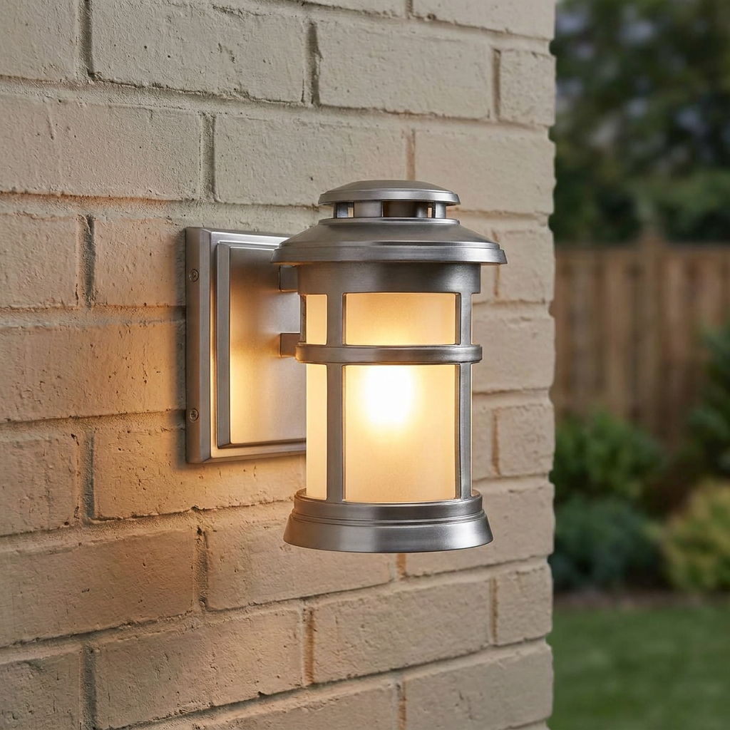 Brushed steel outdoor wall lantern with frosted glass mounted on a light brick wall and glowing with warm light.