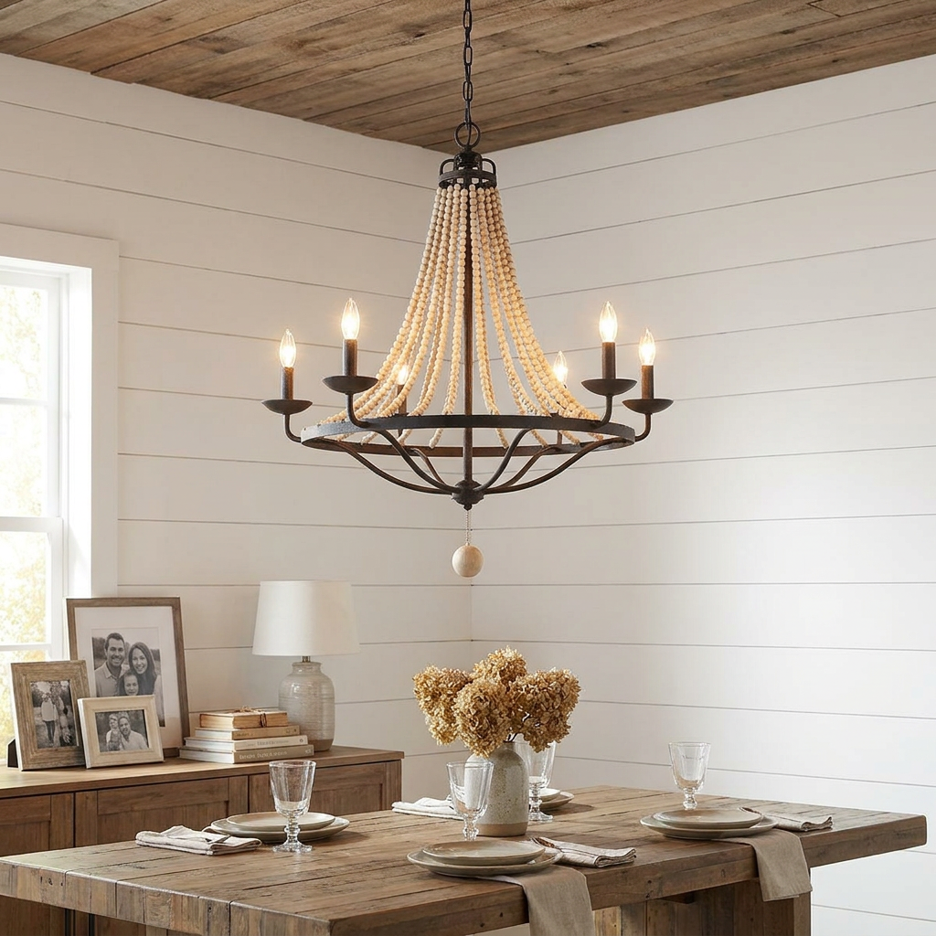 Feiss Nori 6-light zinc and grey beaded chandelier hanging above a rustic wooden dining table in a farmhouse room.