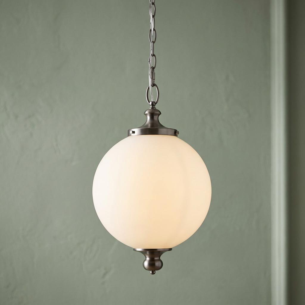 A large opal glass globe pendant light with polished nickel hardware hanging against a textured sage green wall.