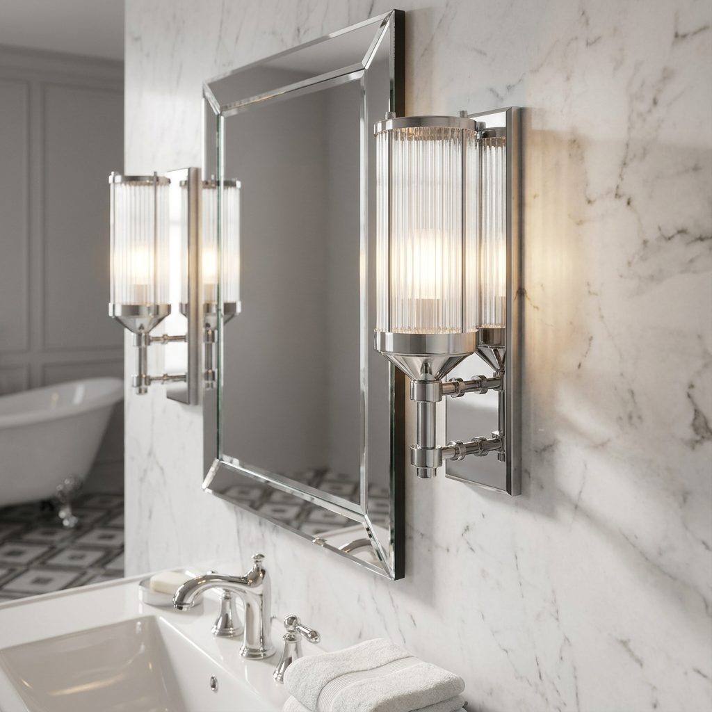 Feiss Paulson chrome wall light with ribbed glass mounted on a marble bathroom wall next to a mirror.