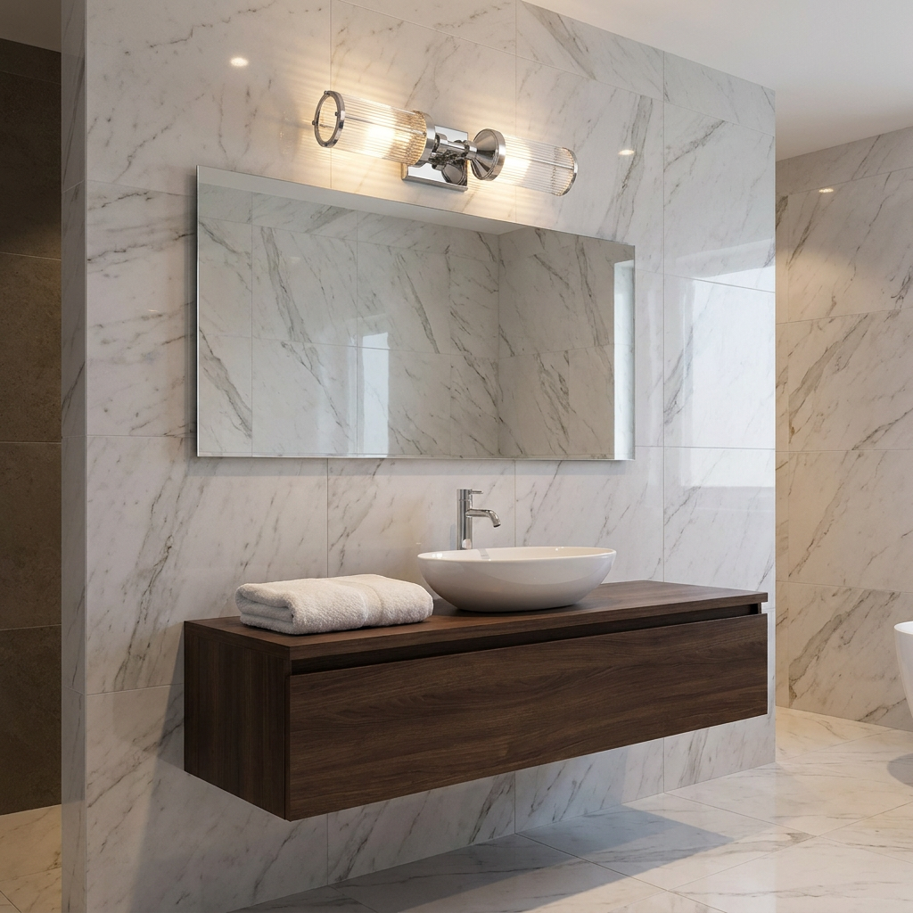 Feiss Paulson chrome 2-light bar bathroom wall light above a mirror in a modern marble-tiled bathroom.