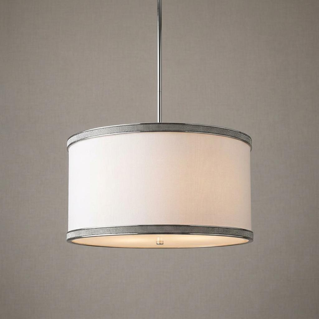 Feiss Pave 3 light polished nickel pendant with a white drum shade and crystal-embellished trim.