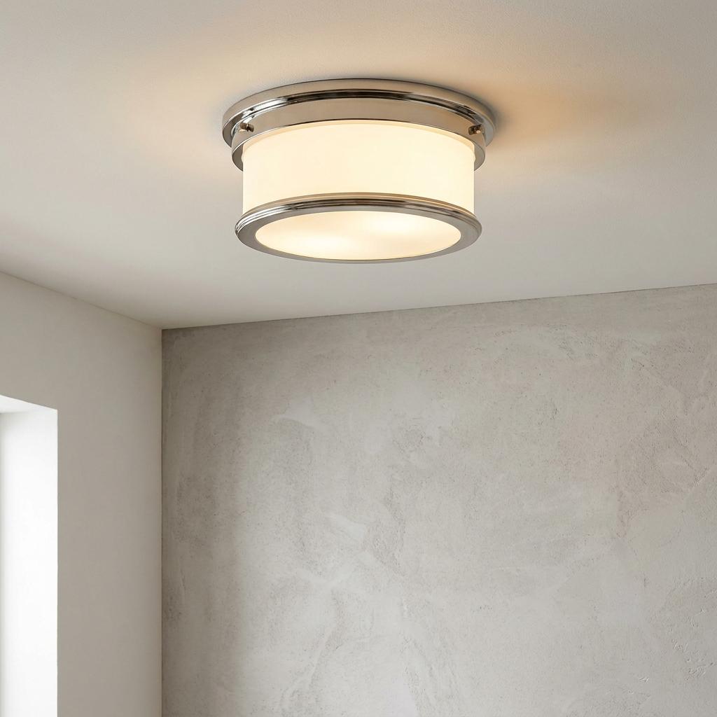 Polished nickel flush mount ceiling light with a white glass shade illuminated in a neutral room.