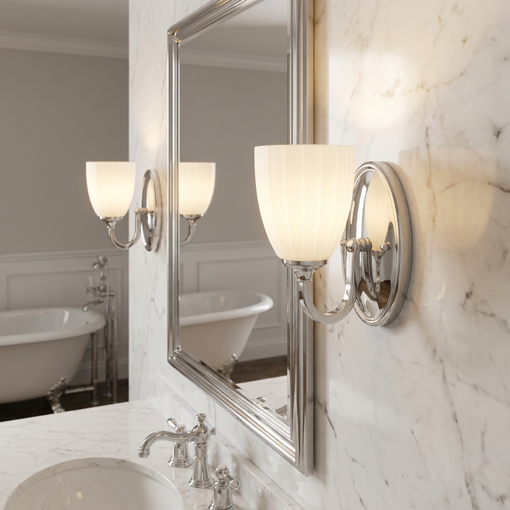 Feiss Perry polished chrome wall light with fluted opal glass shade mounted on a white marble bathroom wall.