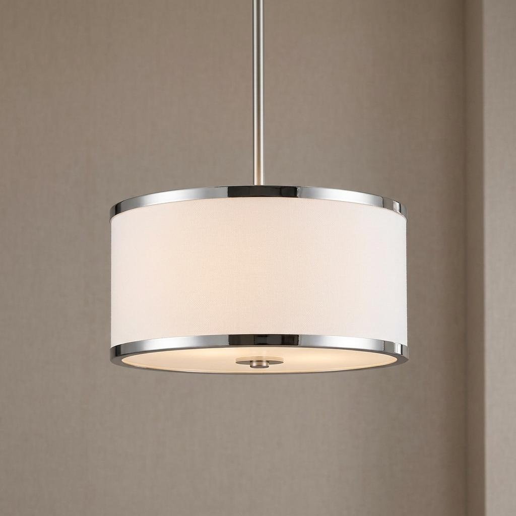 Chrome semi-flush ceiling light with a white fabric drum shade emitting a warm glow against a neutral wall.