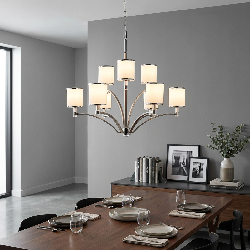 Modern nine-light nickel chandelier with white cylindrical shades hanging over a set dining table in a grey room.