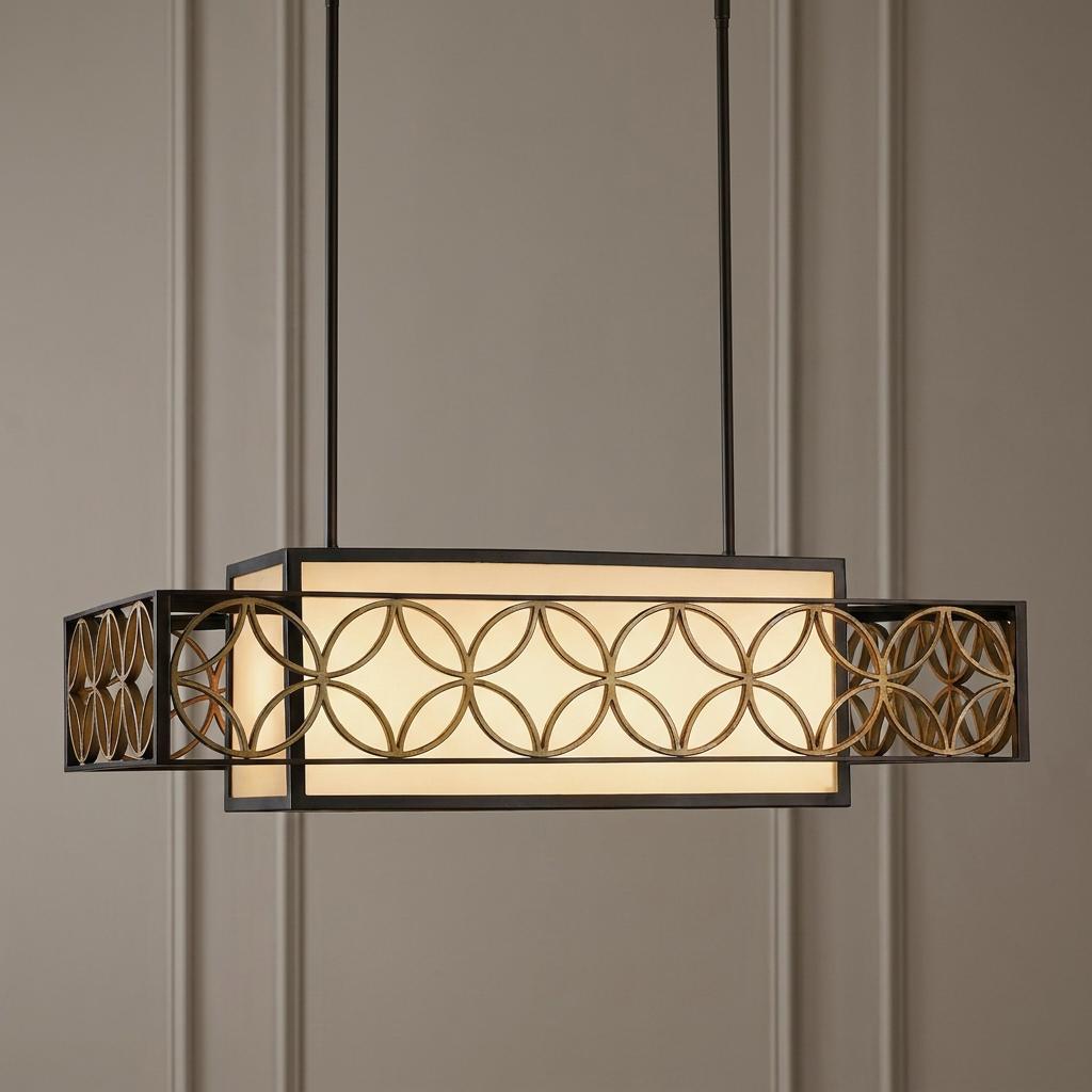 Linear bronze pendant light with a gold circular lattice pattern and warm white rectangular shade.