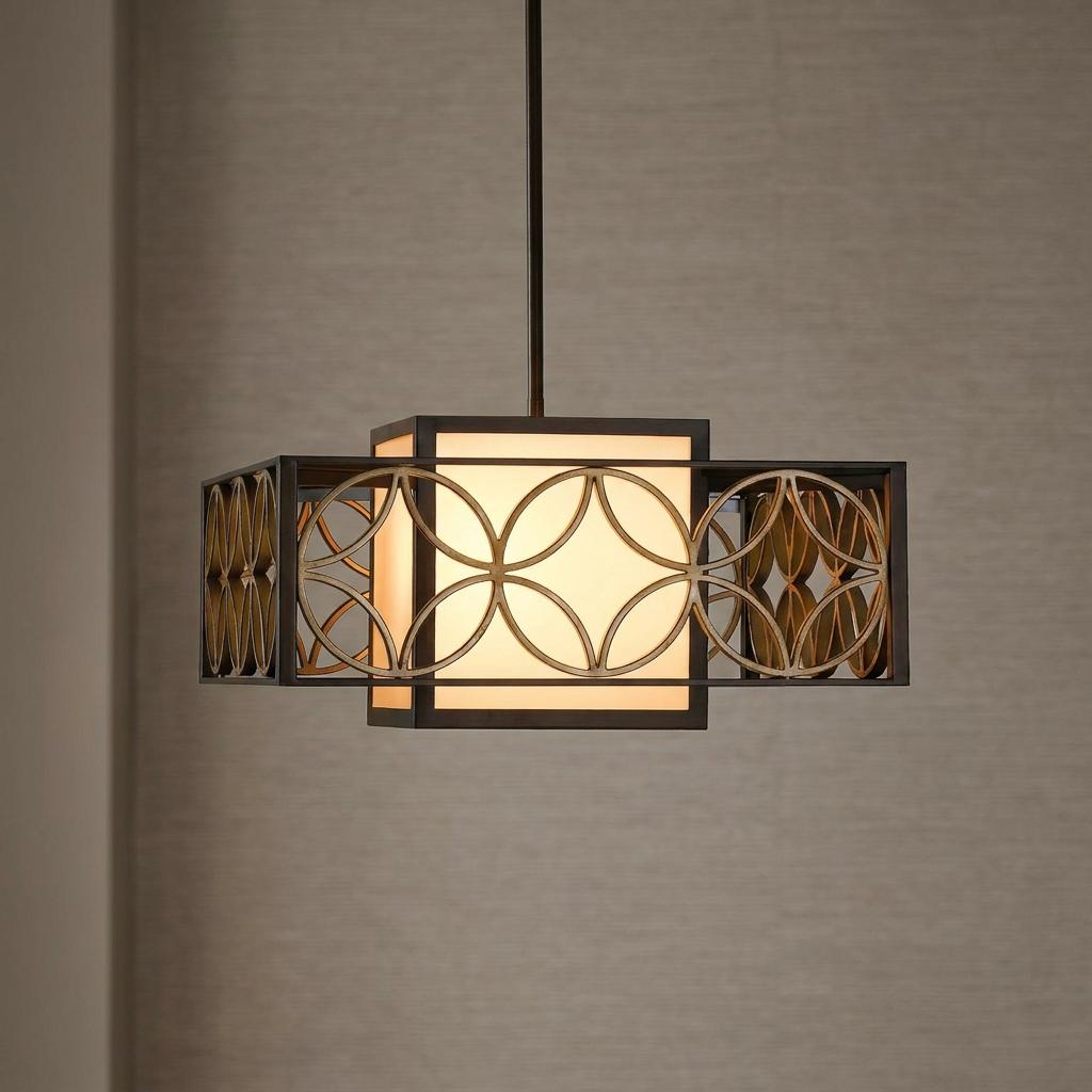 Bronze and gold Feiss Remy ceiling pendant with a glowing square diffuser and intricate geometric circle pattern.